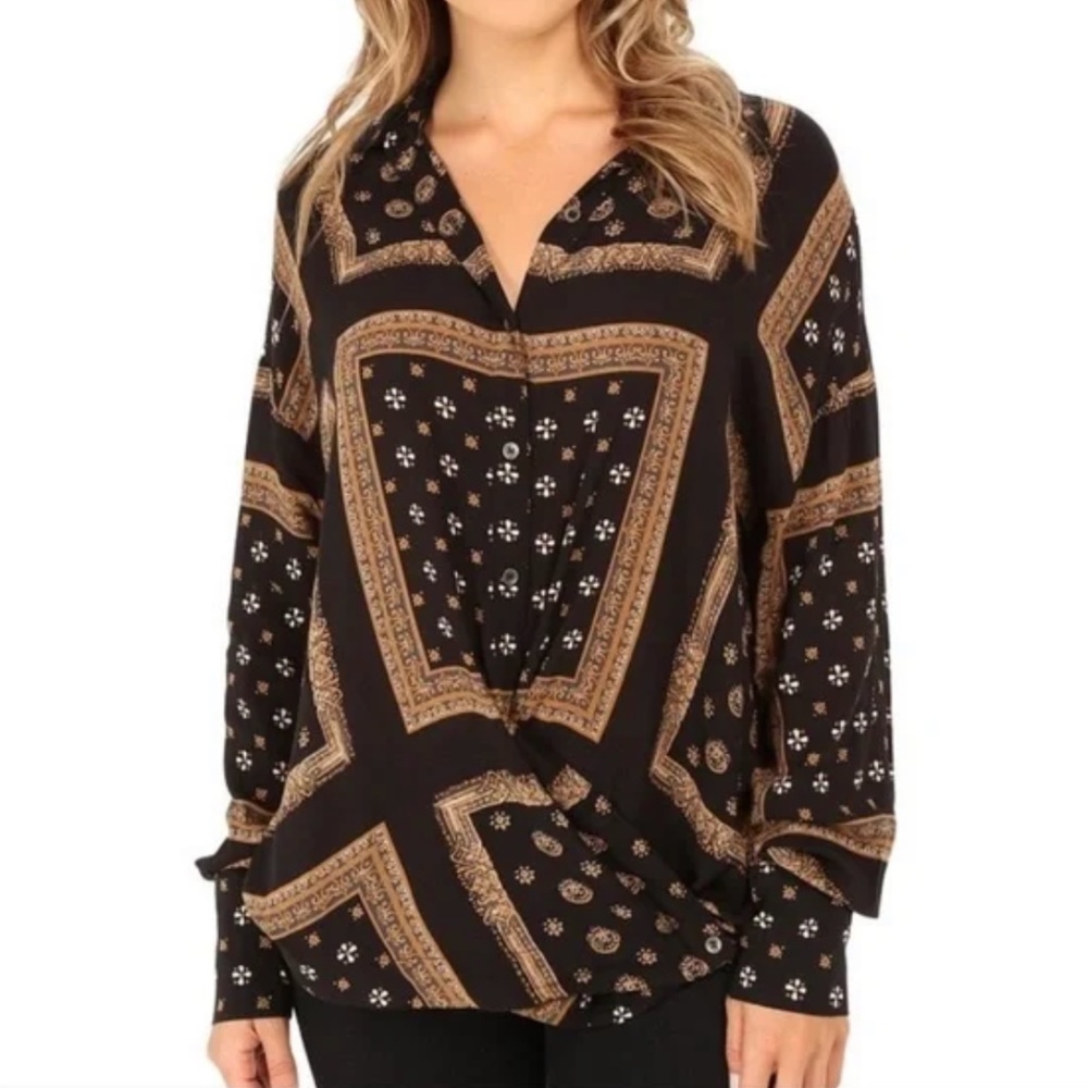 FP | Little Secret Bandana Mosaic Pattern Wrap Button Front Long Sleeve Blouse